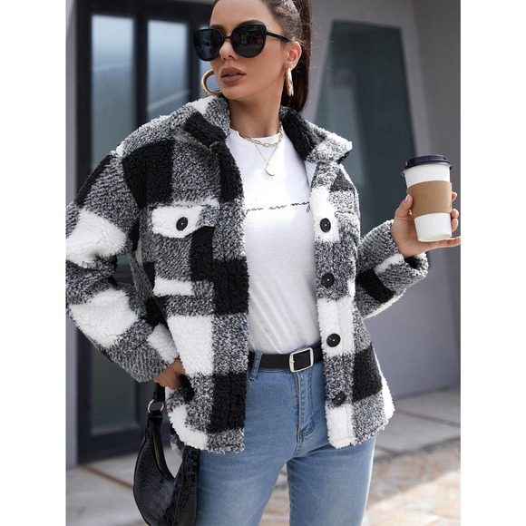 BohoGypsyDreamer.com Jackets & Blazers - Buffalo Plaid Flap Pocket Teddy Coat teddy jacket black white faux fur